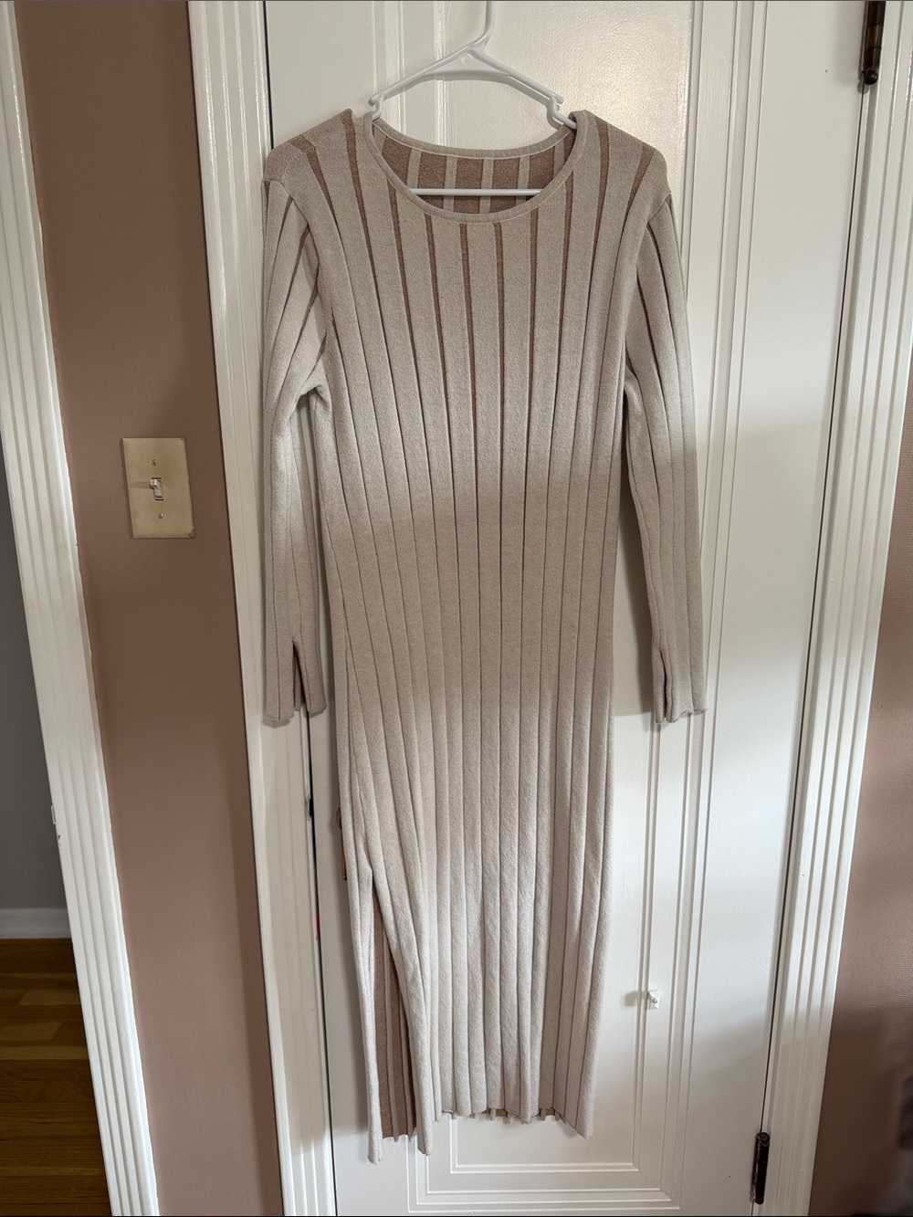 Ribbed Long Sleeve Knit Midi Dress in Beige